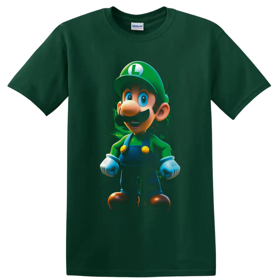 Luigi Super Mario cartoon character with a glowing green electric aura on a Forest Green T Shirt