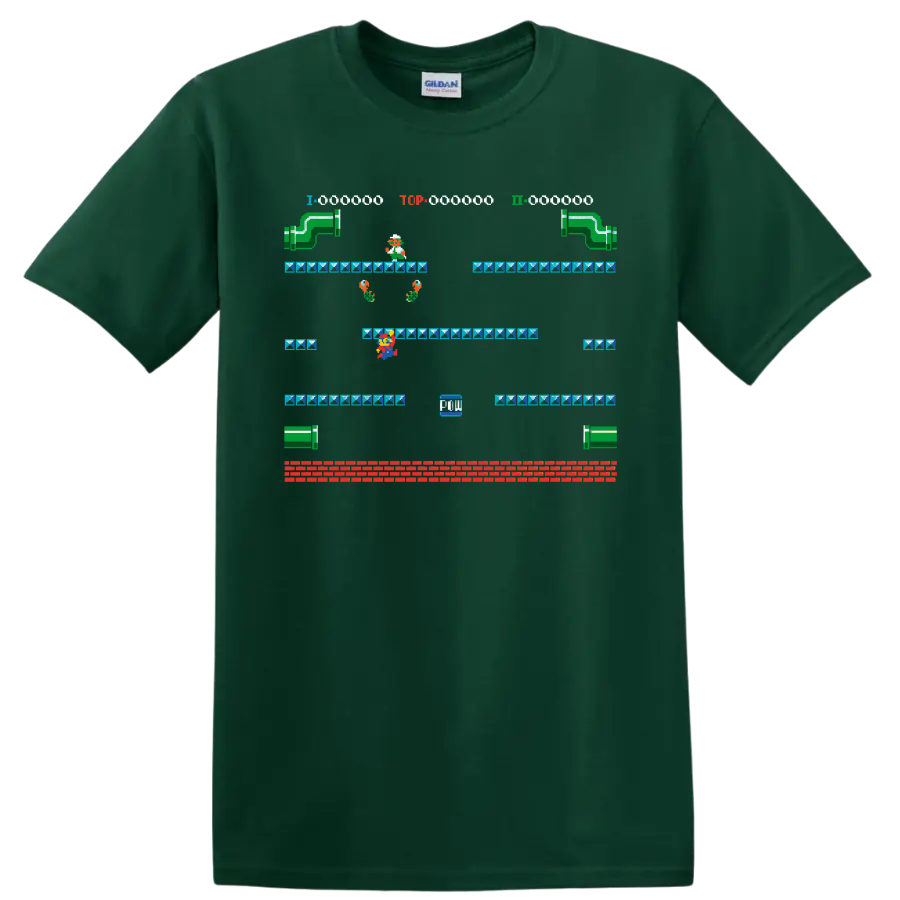 Mario Super Mario Bros. 3 pixel platform level with warp pipes and block platforms on a Forest Green T Shirt