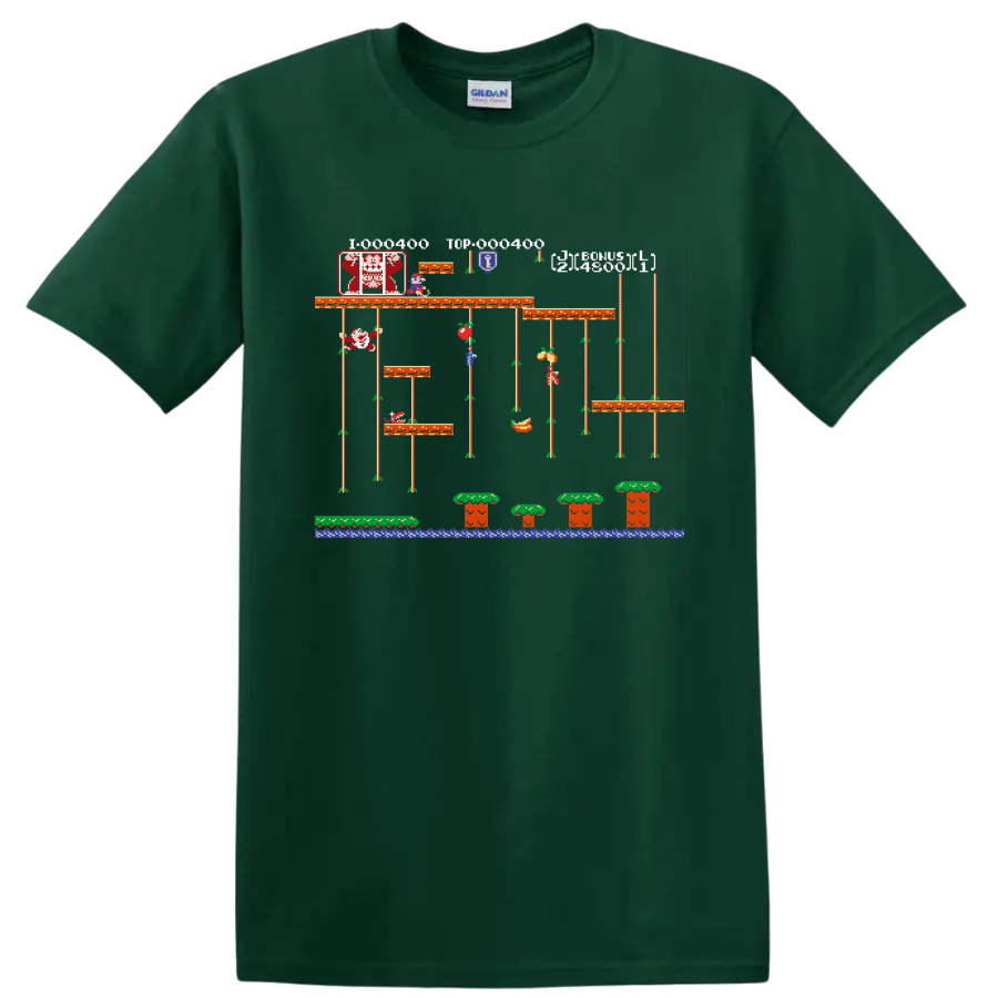 Mario Bros pixel-art platform scene with Mario, Luigi, vines, mushrooms, and water on a Forest Green T Shirt