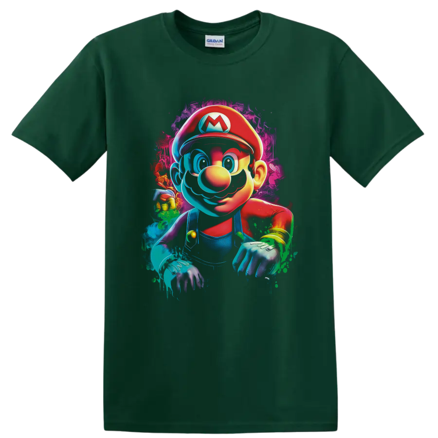 Mario Super Mario Bros neon graffiti character art with colorful paint splashes on a Forest Green T Shirt