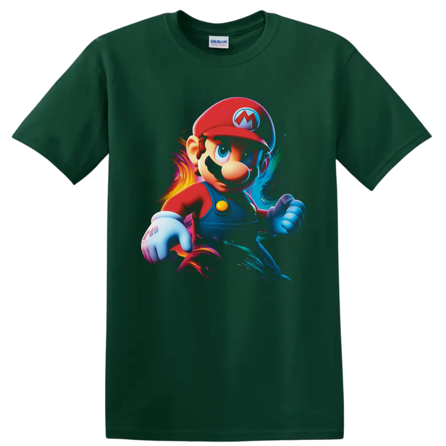 Mario Super Mario Bros action portrait with vivid neon-style color swirls on a Forest Green T Shirt