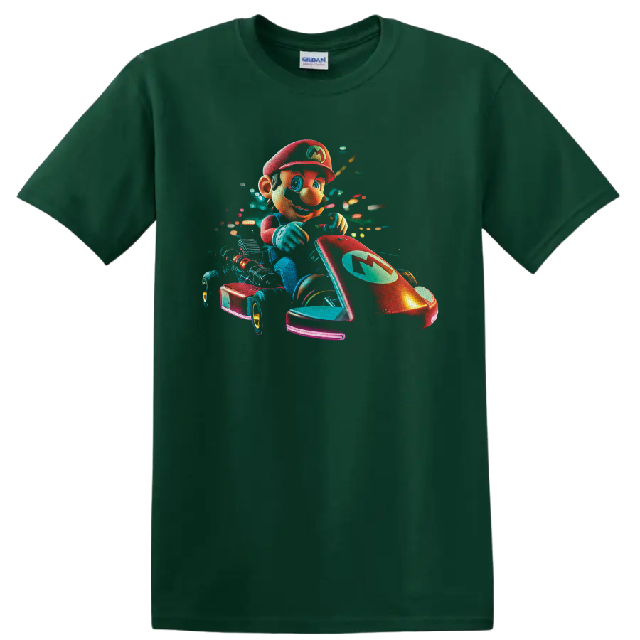 Mario racing a red go kart in vibrant neon retro arcade artwork on a Forest Green T Shirt