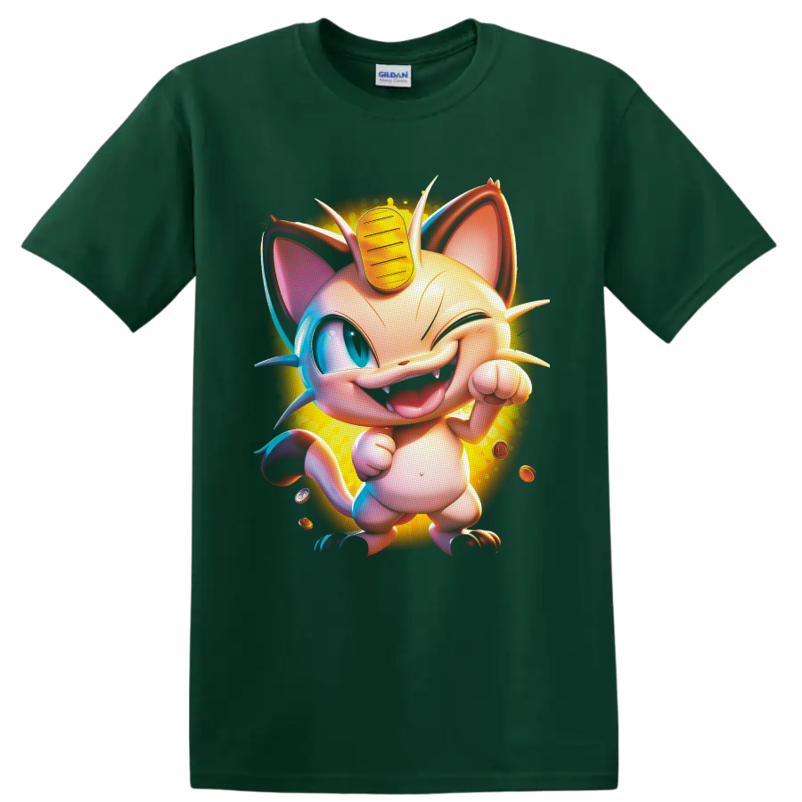 Winking Meowth with forehead coin, floating coins, and glowing cartoon artwork on a Forest Green T Shirt