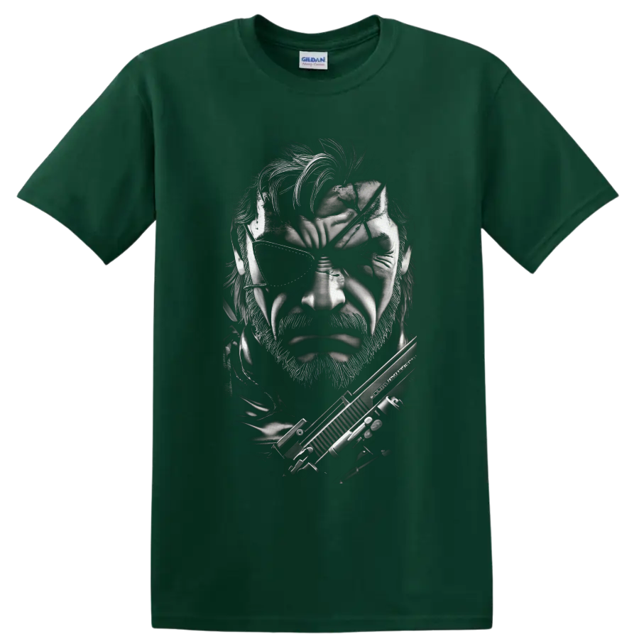 Solid Snake monochrome tactical portrait with eyepatch and rifle on a Forest Green T Shirt