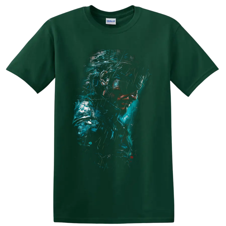 Venom Snake cyberpunk portrait with teal glitch fragments and tactical armor on a Forest Green T Shirt