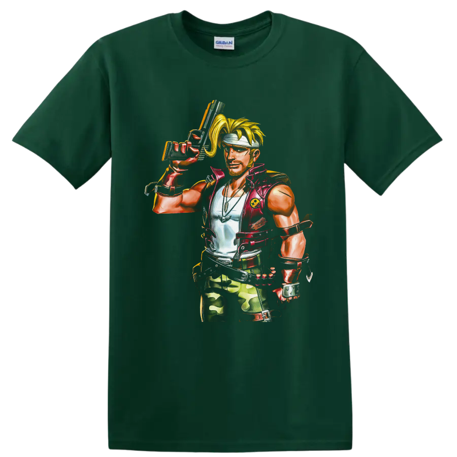 Marco Rossi retro arcade soldier illustration with headband, handgun, vest, and camo gear on a Forest Green T Shirt