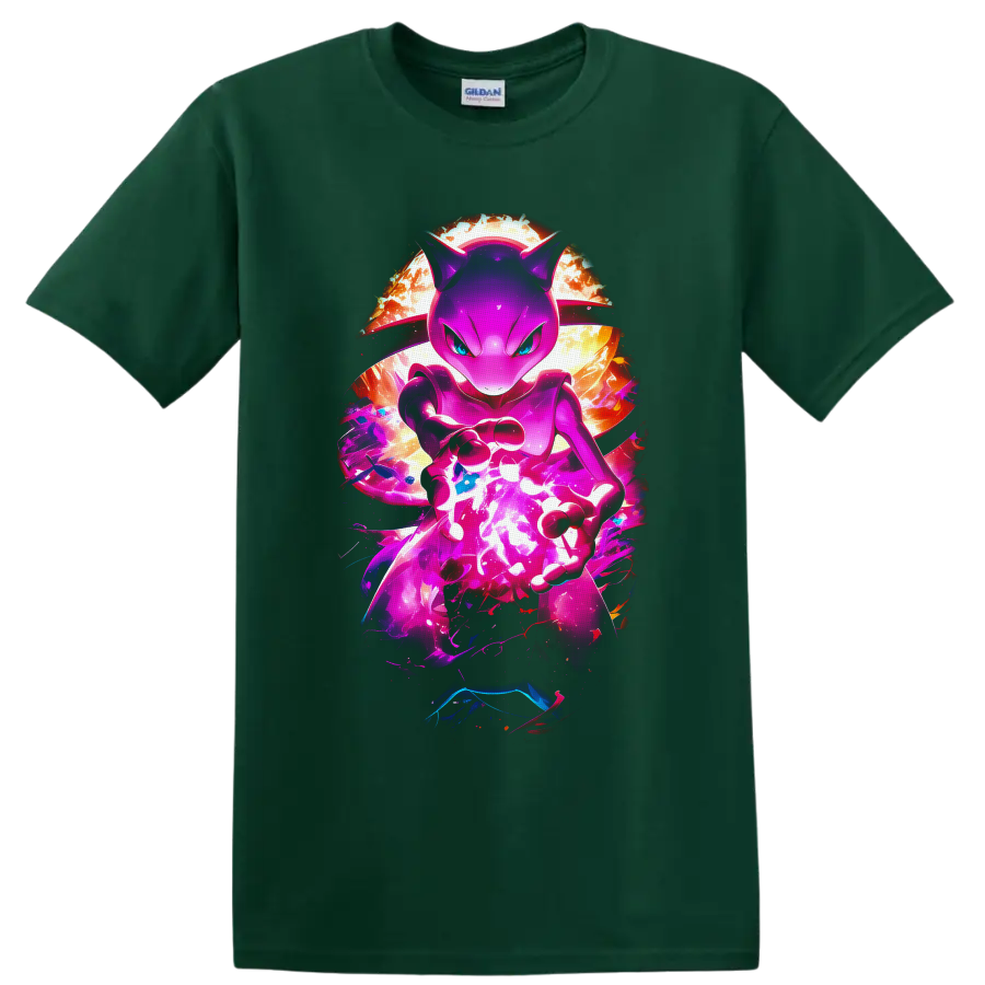 Mewtwo charging a glowing psychic energy orb in neon cosmic anime-style artwork on a Forest Green T Shirt