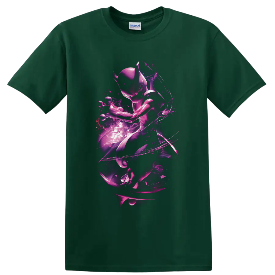 Mewtwo in a purple neon psychic energy aura with swirling light trails on a Forest Green T Shirt