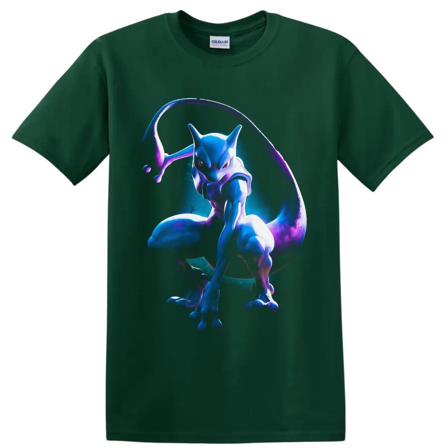 Mewtwo in neon blue and purple psychic aura character art on a Forest Green T Shirt