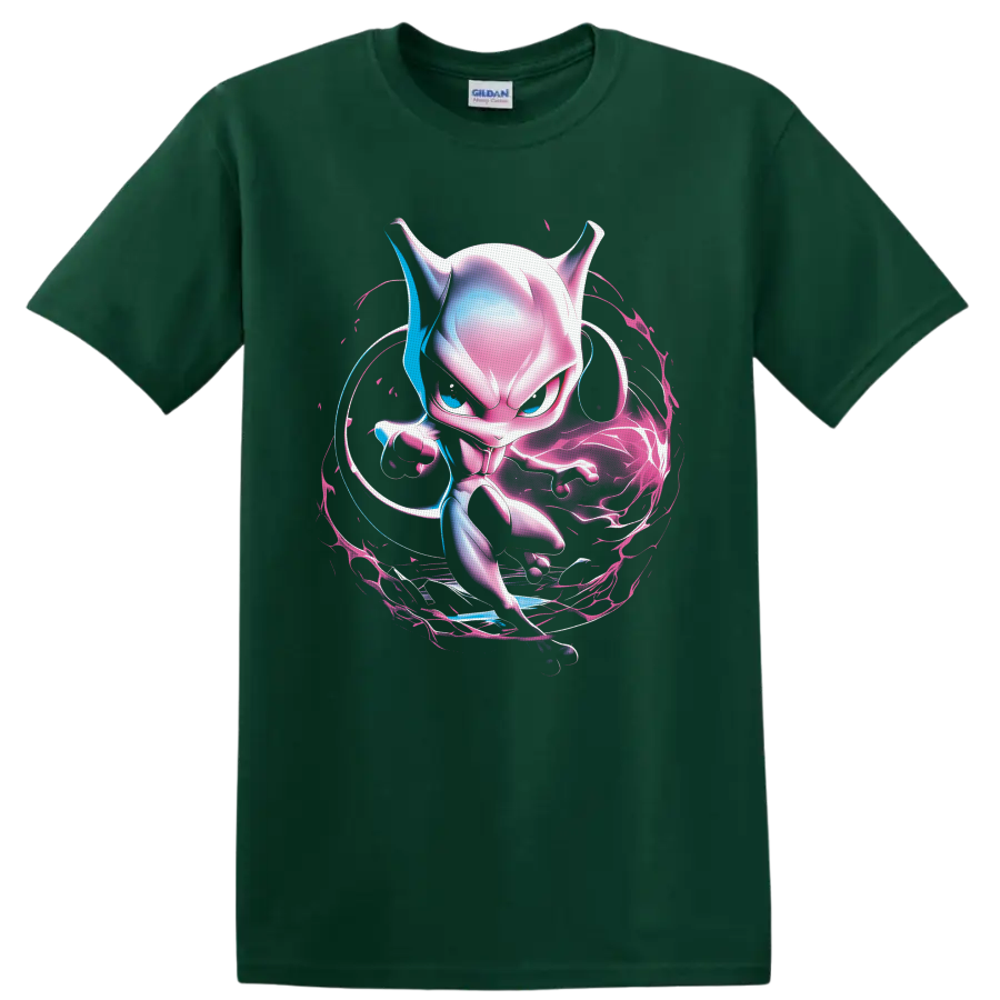 Mewtwo neon psychic energy artwork with pink, violet, and blue swirling aura on a Forest Green T Shirt