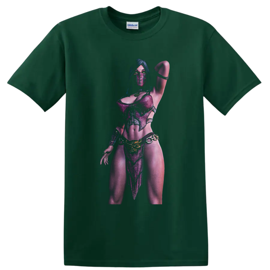 Mileena masked warrior in purple armor with glowing eyes and raised-arm pose on a Forest Green T Shirt