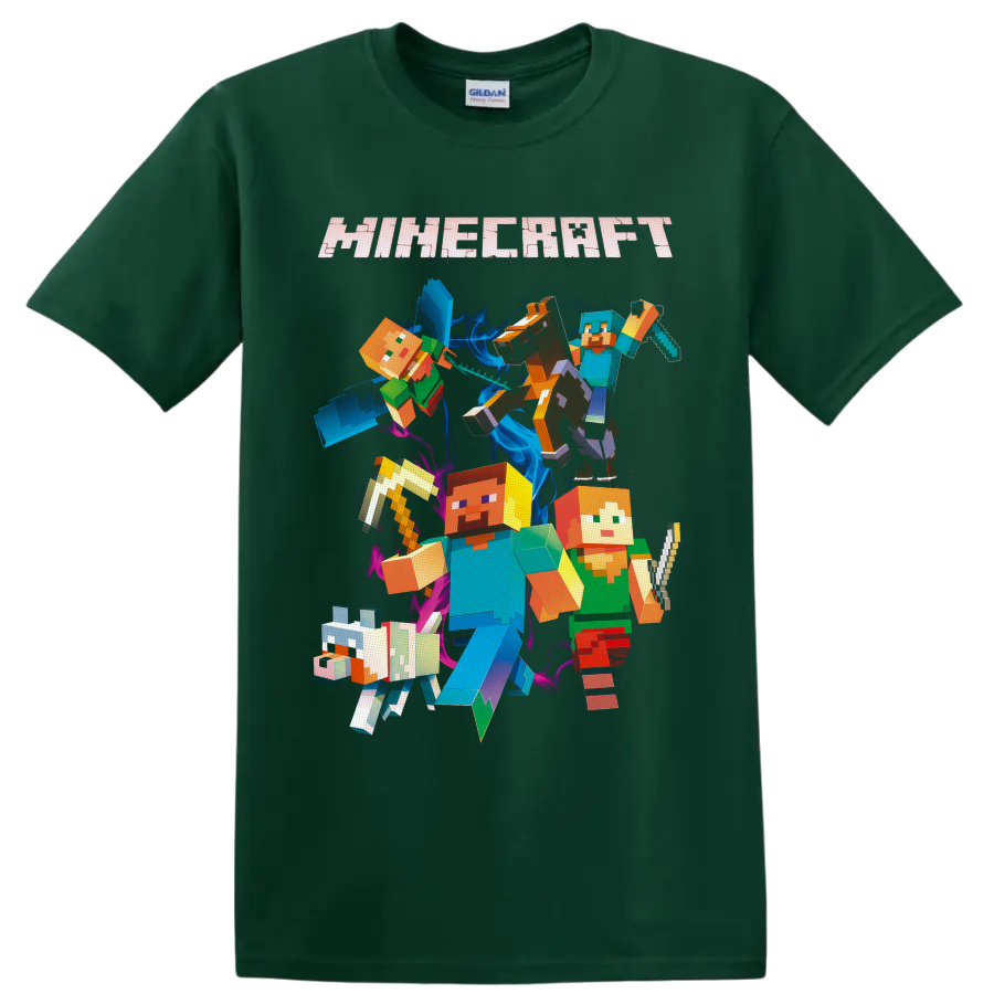 Minecraft Steve and Alex pixel art with wolf, horse, sword, pickaxe, and logo on a Forest Green T Shirt