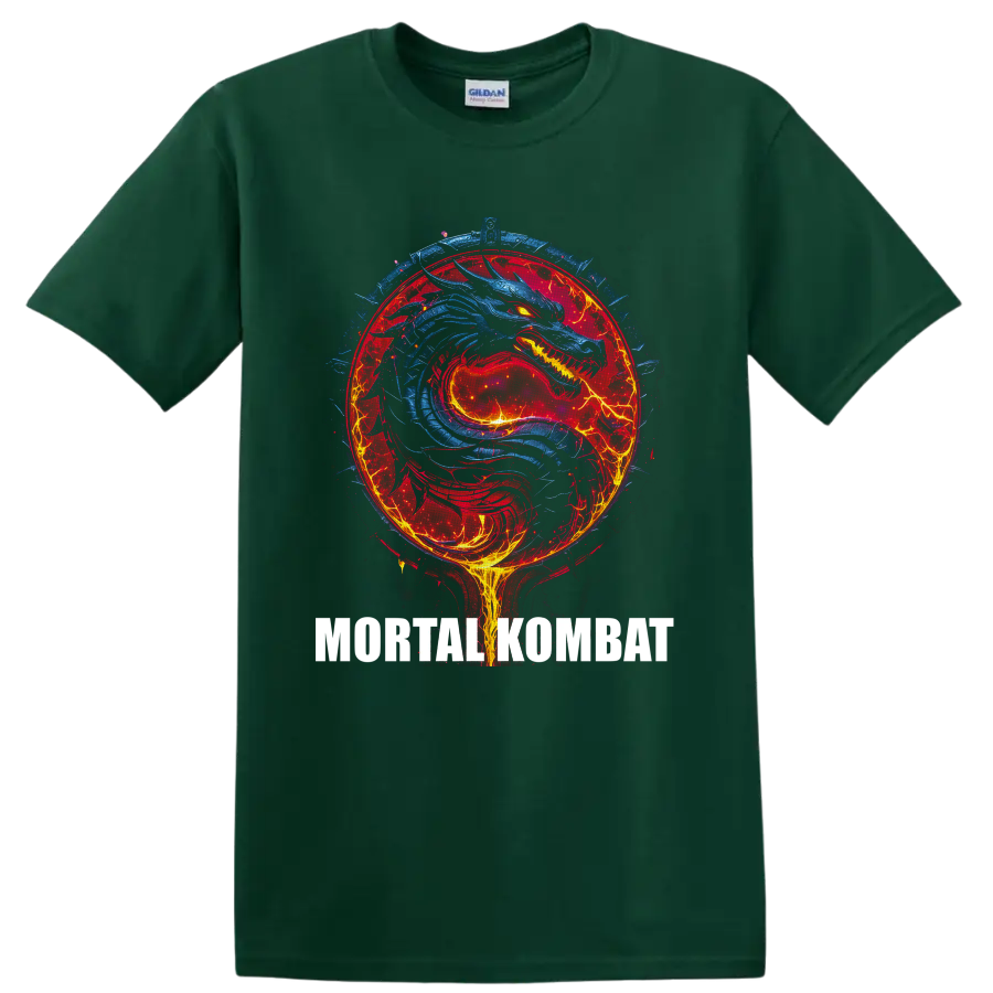 Blue dragon in a fiery red Mortal Kombat emblem with electric fantasy battle art on a Forest Green T Shirt