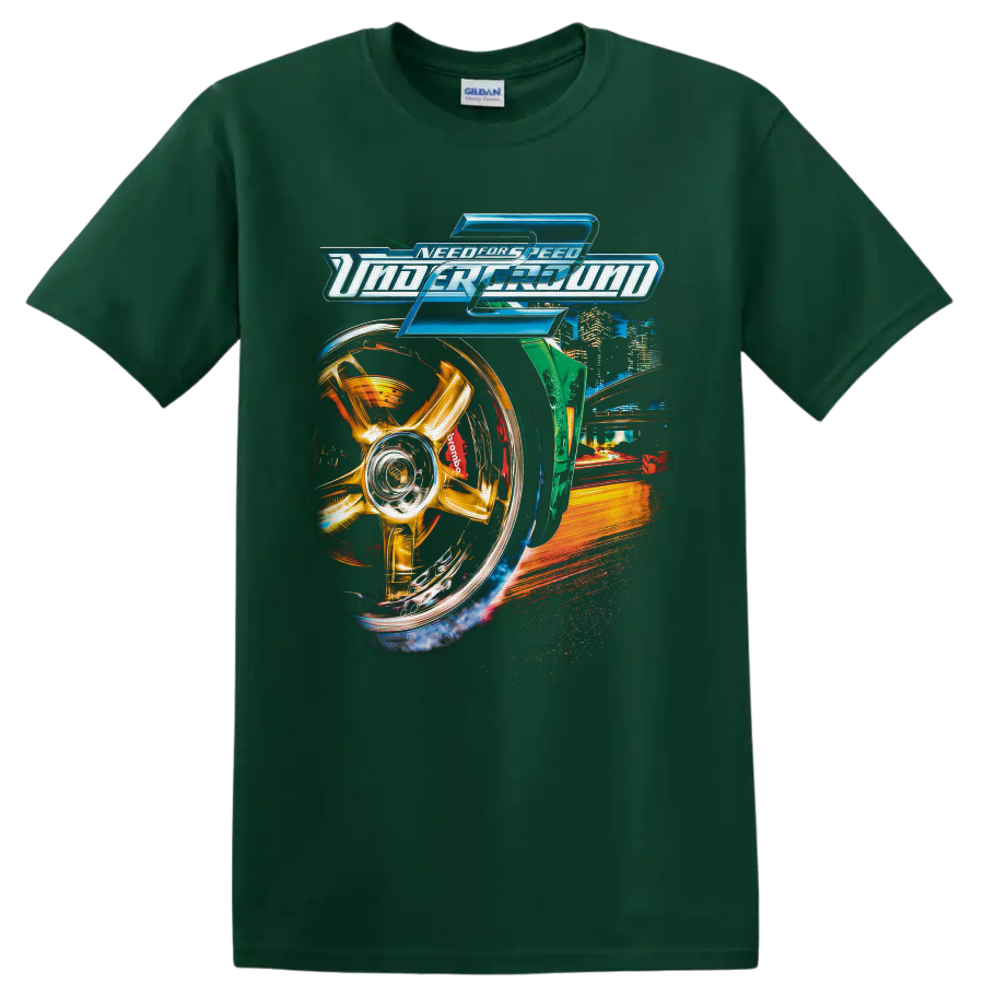 Need for Speed Underground 2 logo with gold wheel, neon city, and street racing artwork on a Forest Green T Shirt