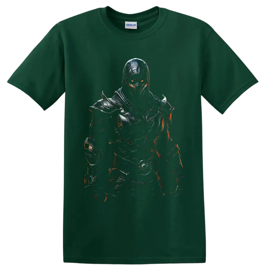Noob Saibot Mortal Kombat shadow ninja in dark armor with glowing orange eyes on a Forest Green T Shirt