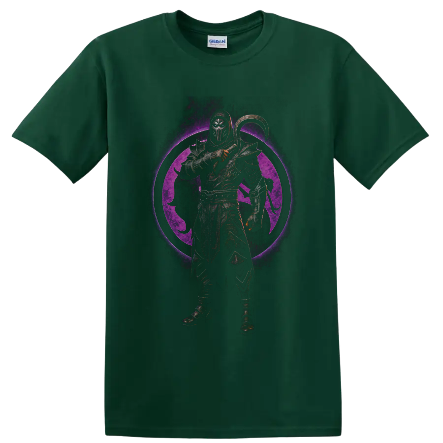 Noob Saibot armored shadow ninja with curved weapon and purple dragon emblem on a Forest Green T Shirt