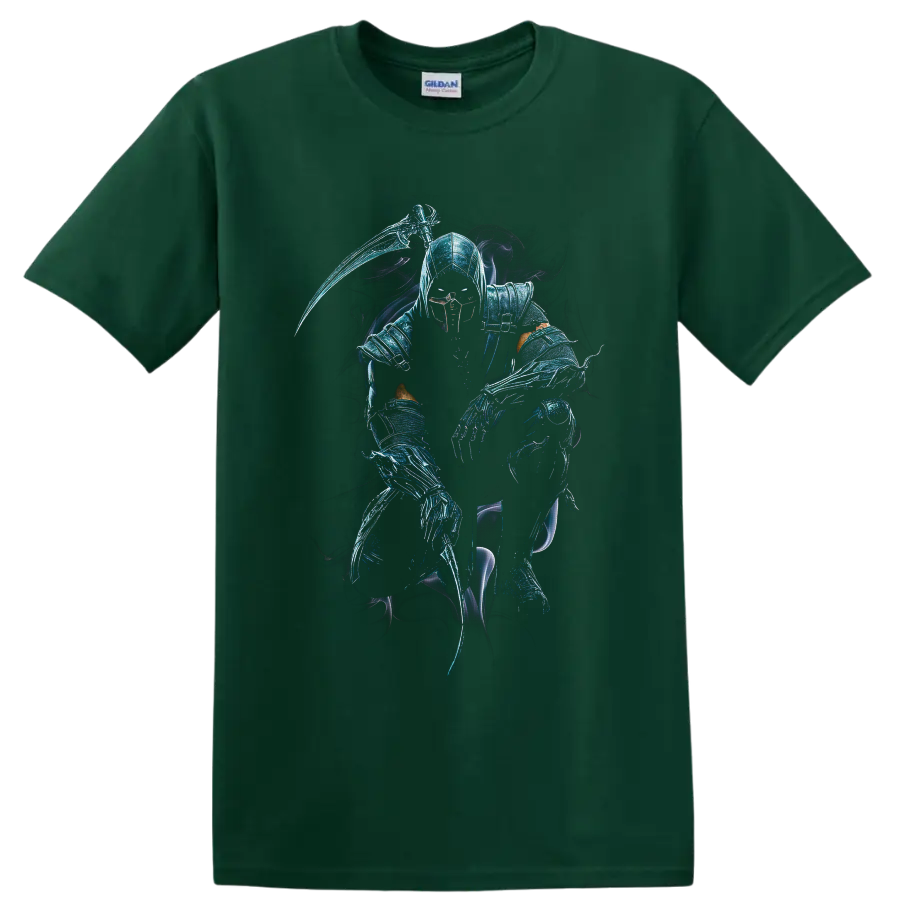 Noob Saibot shadow ninja with scythe, icy blue armor, and spectral smoke on a Forest Green T Shirt
