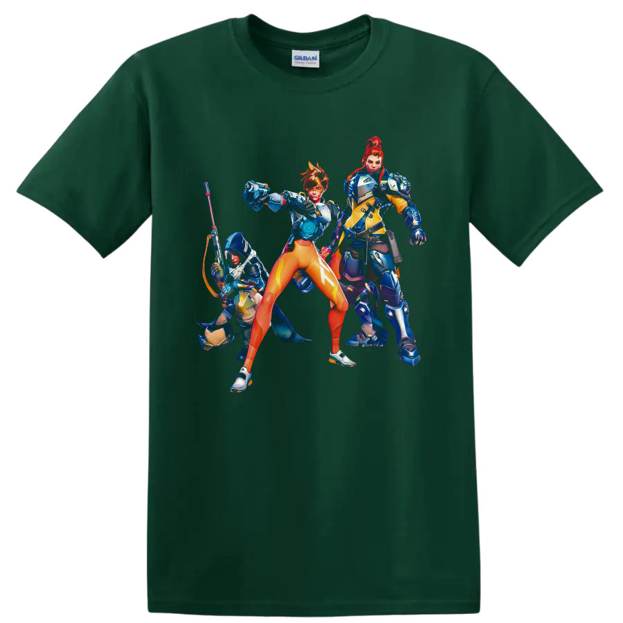 Tracer, Brigitte, and Ana in vivid Overwatch sci-fi hero squad artwork on a Forest Green T Shirt