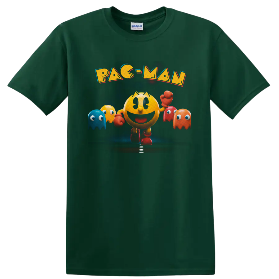 Pac-Man arcade fighter with colorful Ghosts and bold retro lettering on a Forest Green T Shirt