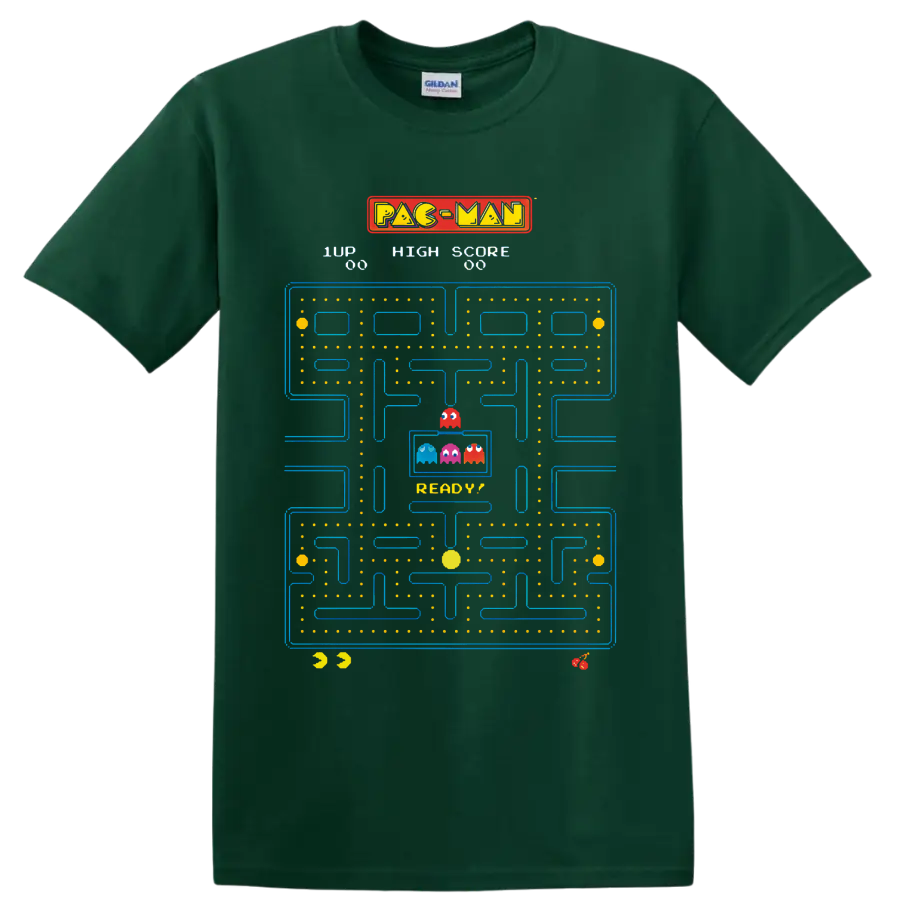Pac-Man arcade maze with colorful Ghosts, dots, fruit icons, and score graphics on a Forest Green T Shirt