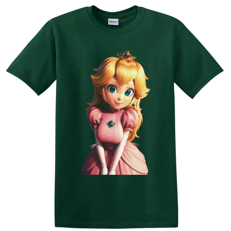 Princess Peach anime-style royal portrait with pink gown, jeweled crown, and blue gems on a Forest Green T Shirt