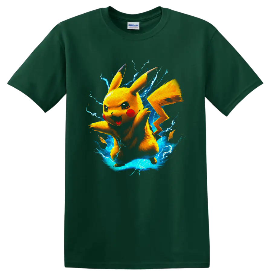 Pikachu with blue lightning in a vivid anime-inspired electric action graphic on a Forest Green T Shirt