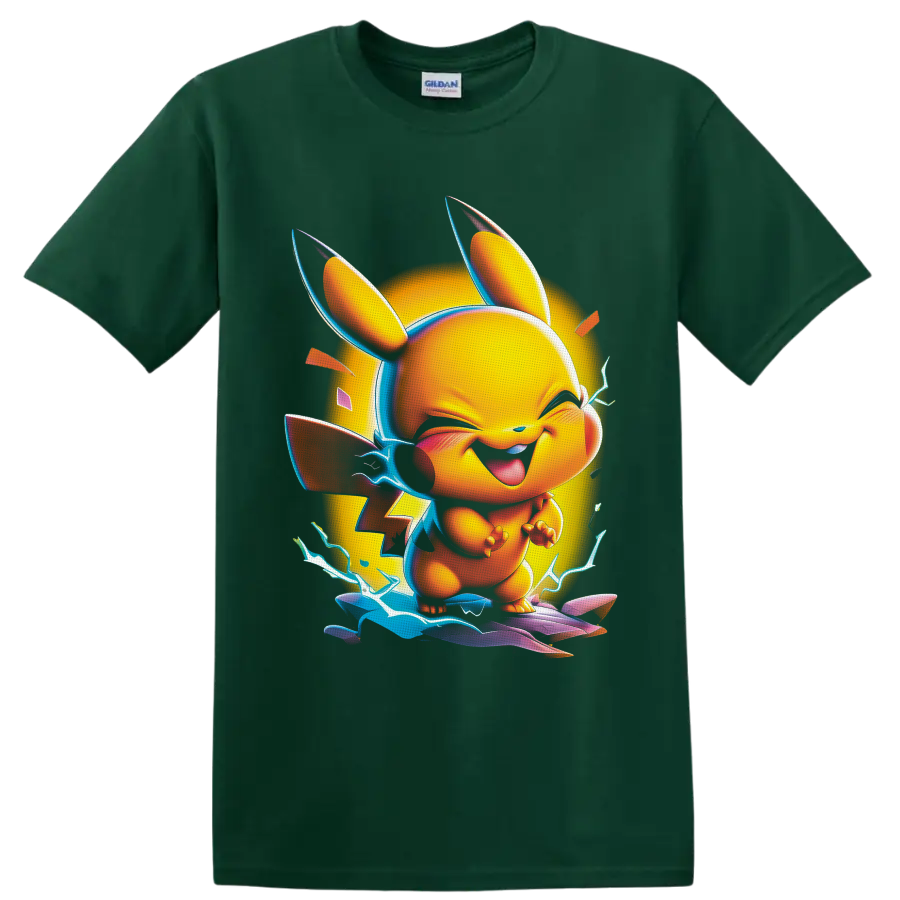 Pikachu neon cartoon with electric lightning, glowing circle, and colorful energy waves on a Forest Green T Shirt