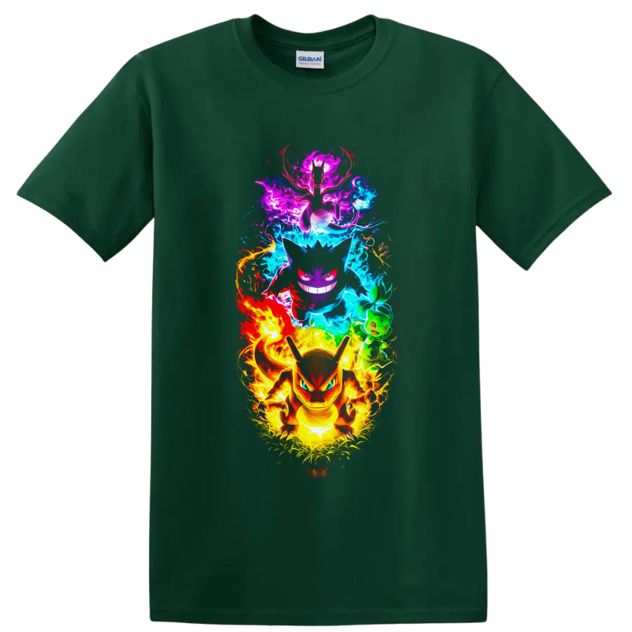 Charizard, Gengar, Mewtwo and Bulbasaur in vivid neon elemental energy art on a Forest Green T Shirt