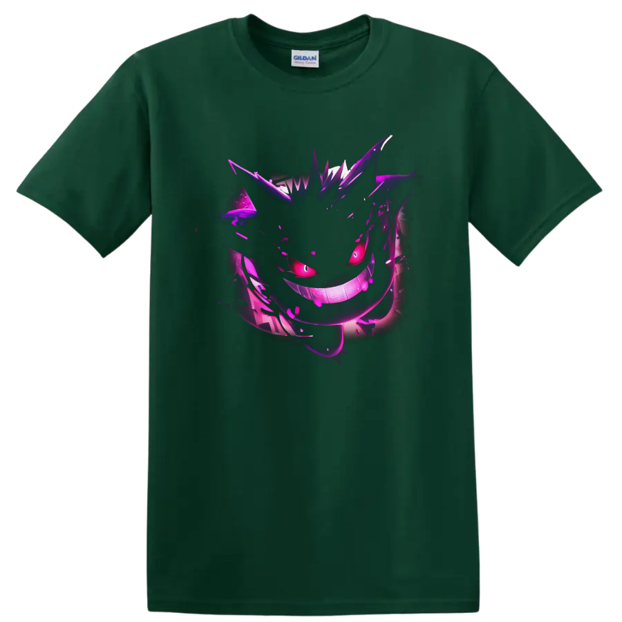 Gengar Pokémon neon purple ghost artwork with glowing eyes and a wide grin on a Forest Green T Shirt