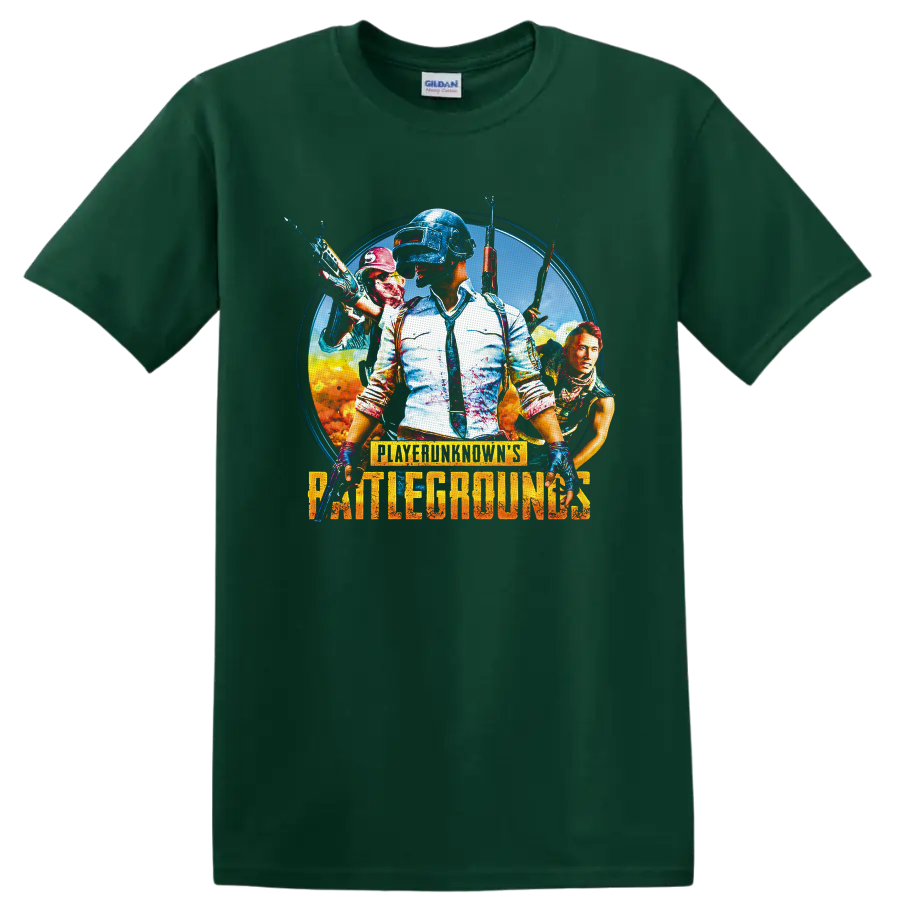PUBG Battlegrounds helmeted soldier and armed squad action poster graphic on a Forest Green T Shirt