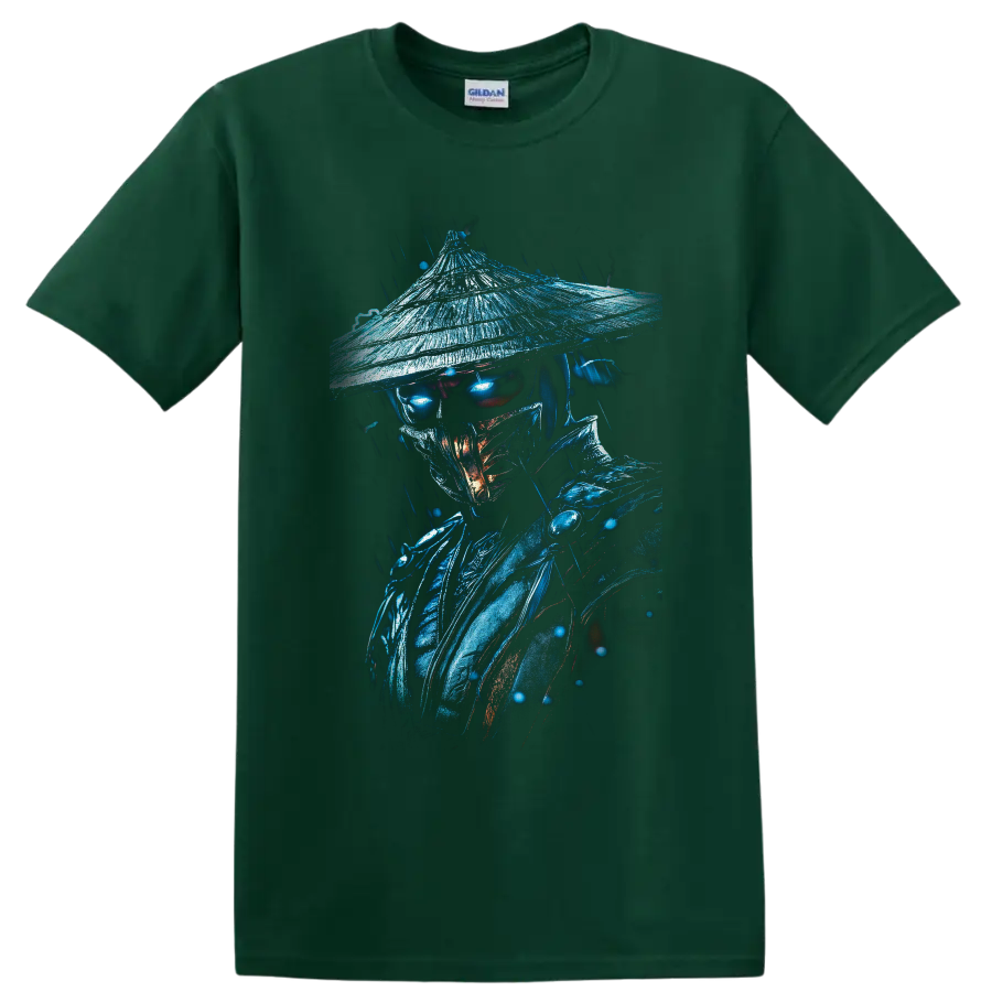 Raiden in rain with glowing blue eyes, straw hat, and dark fantasy armor on a Forest Green T Shirt