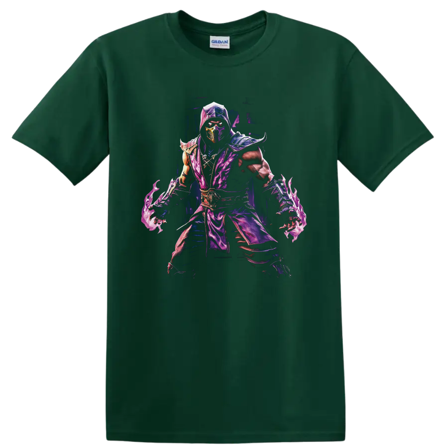 Rain Mortal Kombat purple masked ninja with armor and swirling water energy on a Forest Green T Shirt