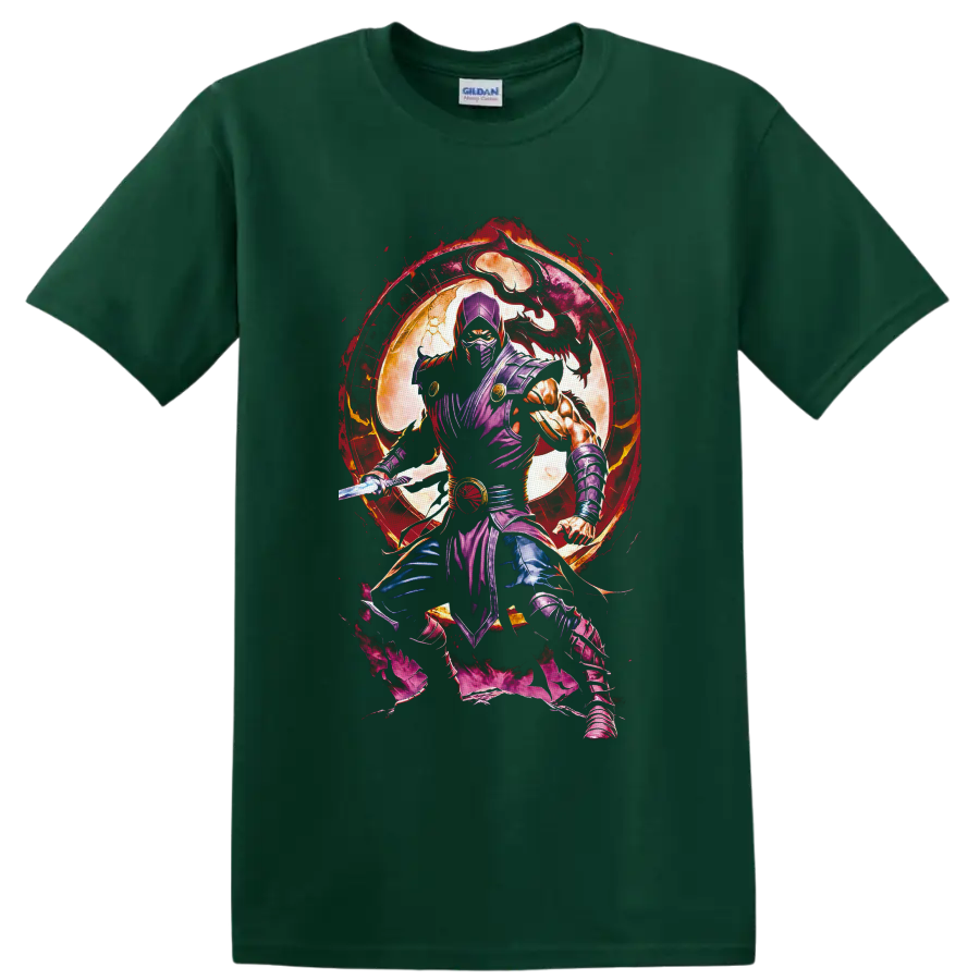 Rain purple ninja with sword, dragon silhouette, full moon, and fiery portal on a Forest Green T Shirt