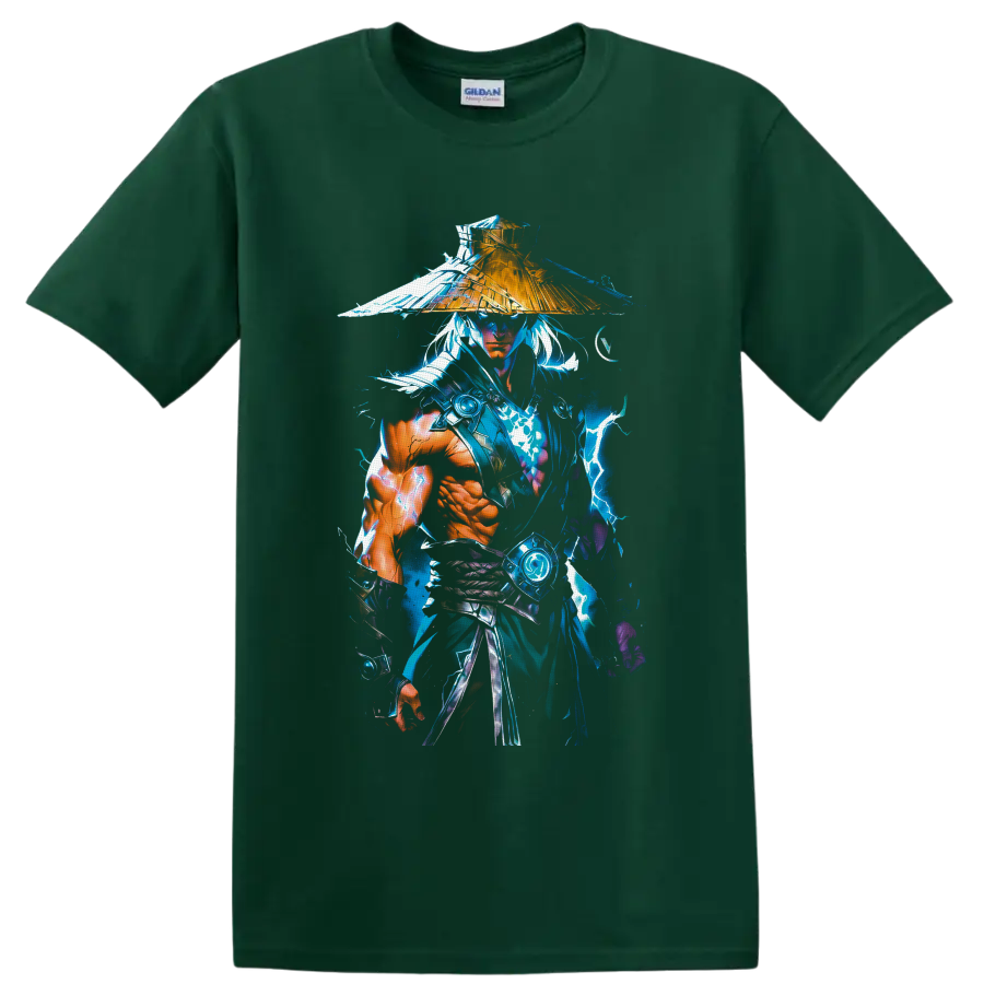 Raiden in straw hat with blue lightning, rain splashes, and anime-inspired warrior art on a Forest Green T Shirt
