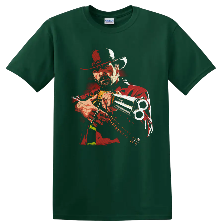 Arthur Morgan revolver portrait in distressed red western illustration style on a Forest Green T Shirt