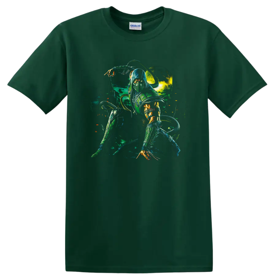 Reptile Mortal Kombat cyber ninja with glowing eyes, claws, and coiled tail on a Forest Green T Shirt