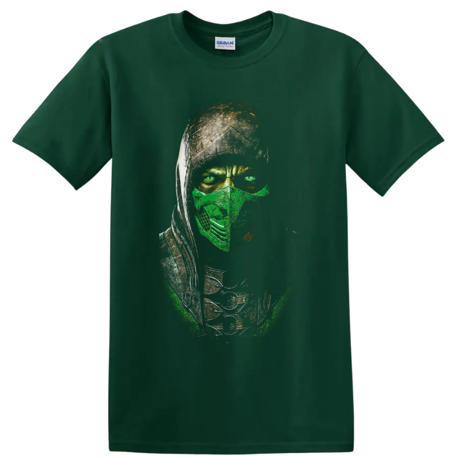 Reptile Mortal Kombat masked green ninja warrior portrait in distressed graphic style on a Forest Green T Shirt