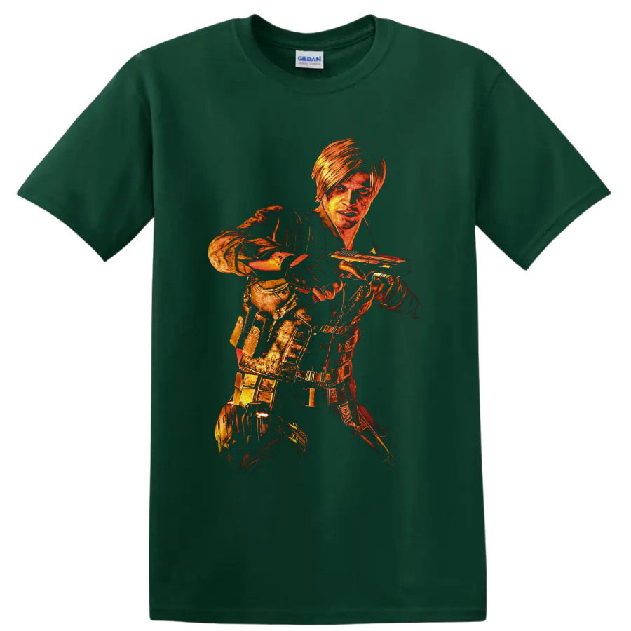 Leon Kennedy Resident Evil 6 fiery distressed tactical handgun action artwork on a Forest Green T Shirt