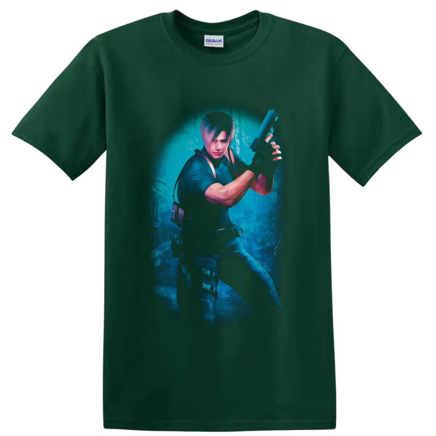 Leon Kennedy tactical action artwork in a misty blue survival-horror forest on a Forest Green T Shirt