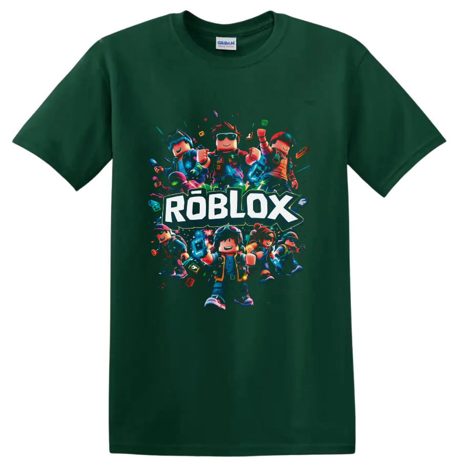 Roblox Characters neon block-avatar squad graphic with bold ROBLOX lettering on a Forest Green T Shirt