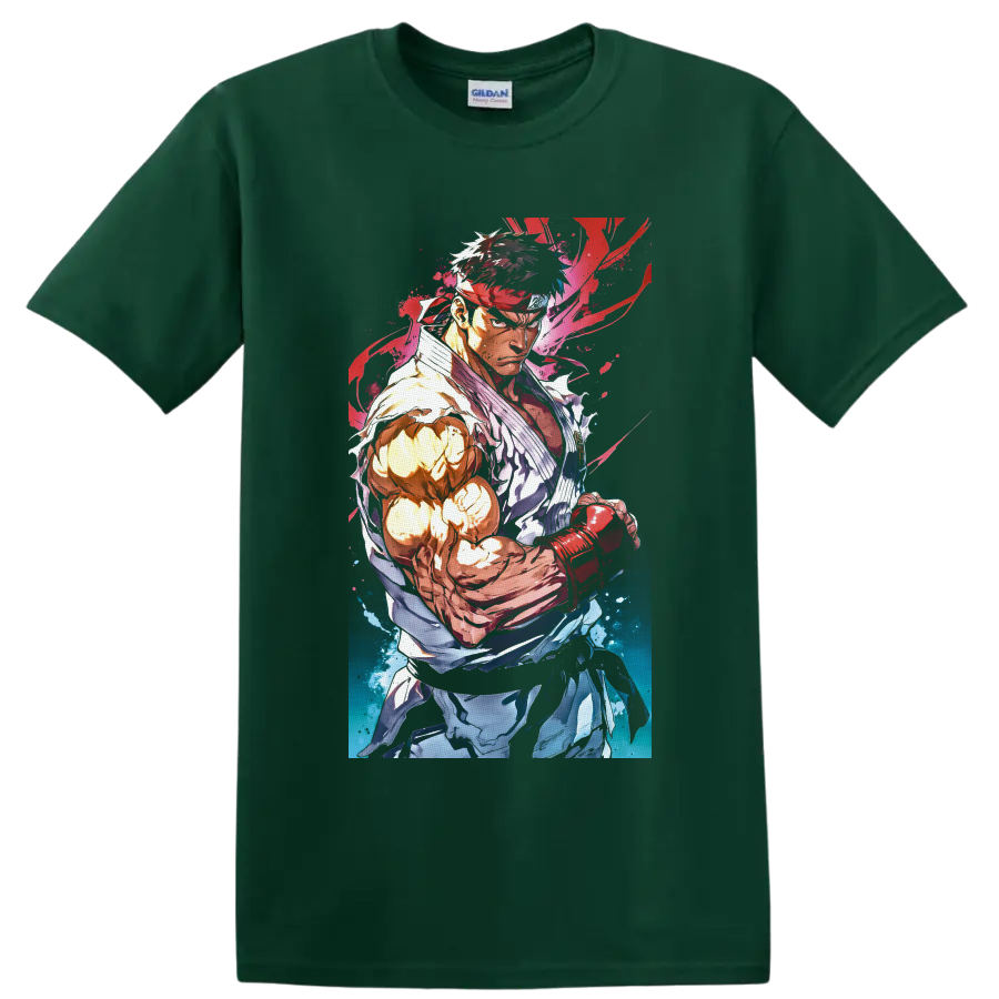 Ryu Street Fighter martial arts fighter in vibrant red and blue watercolor anime style on a Forest Green T Shirt
