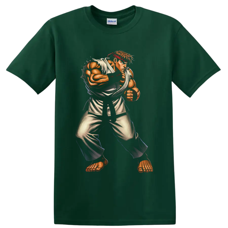 Ryu Street Fighter martial arts warrior in retro arcade illustration on a Forest Green T Shirt