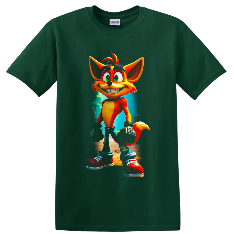 Crash Bandicoot cartoon character with a teal jungle-style background on a Forest Green T Shirt