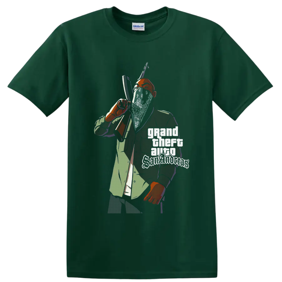 Grand Theft Auto San Andreas gangster illustration with rifle and stacked logo text on a Forest Green T Shirt