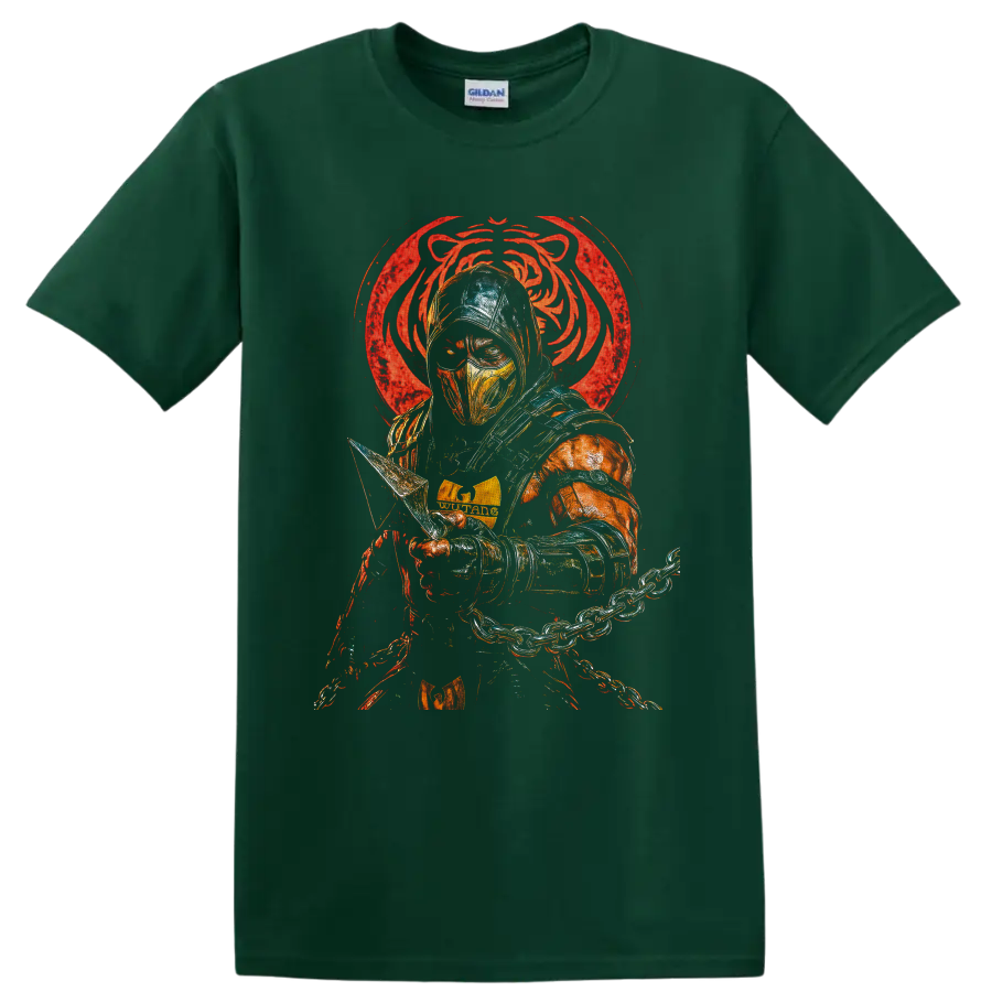 Scorpion masked ninja with spear chain and distressed red dragon emblem on a Forest Green T Shirt
