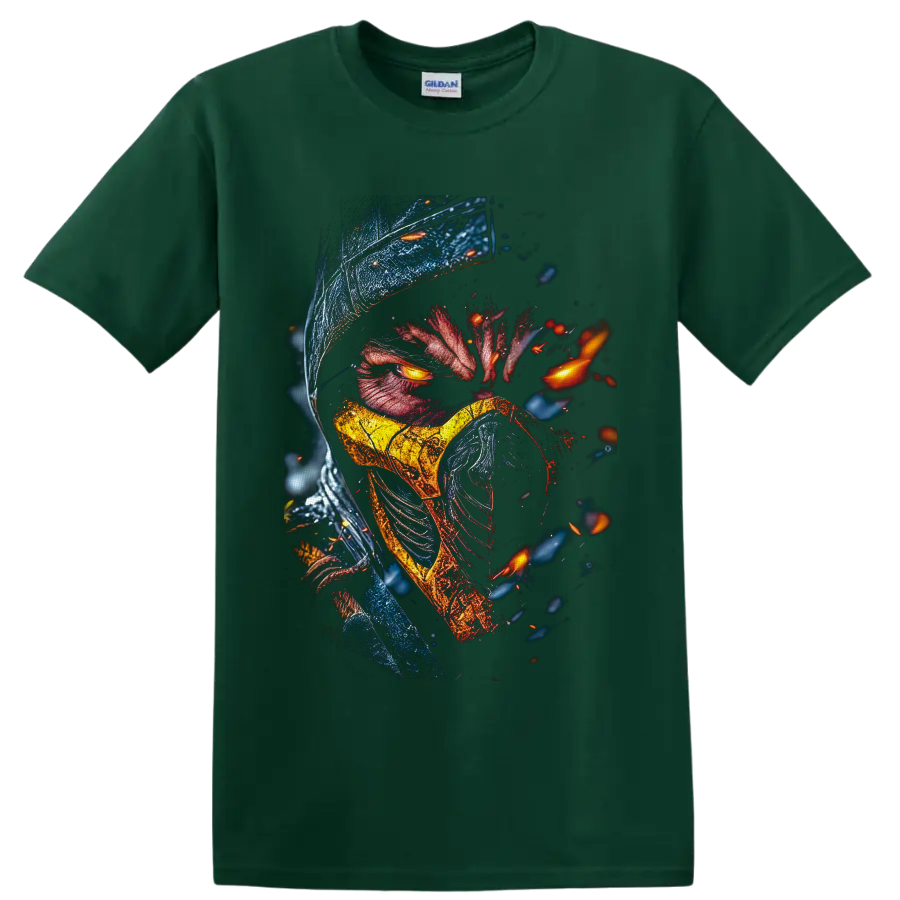 Scorpion in a hood and gold mask with glowing eyes and fiery embers on a Forest Green T Shirt