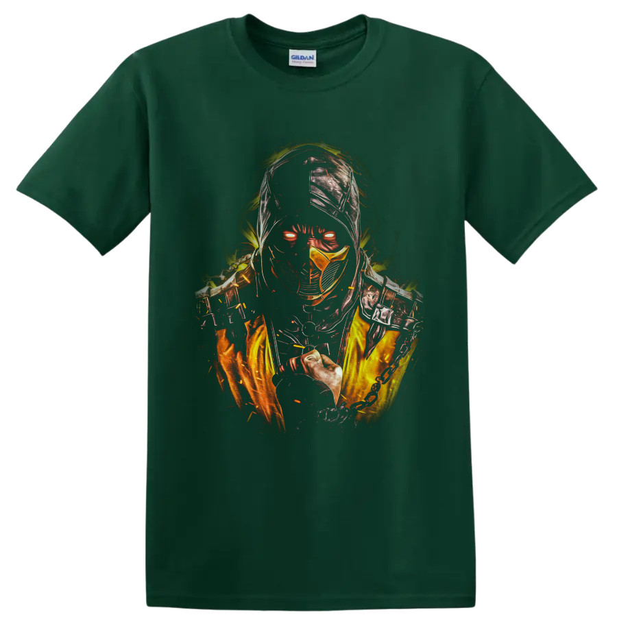Scorpion Mortal Kombat fiery hooded ninja graphic with glowing eyes and chain weapon on a Forest Green T Shirt