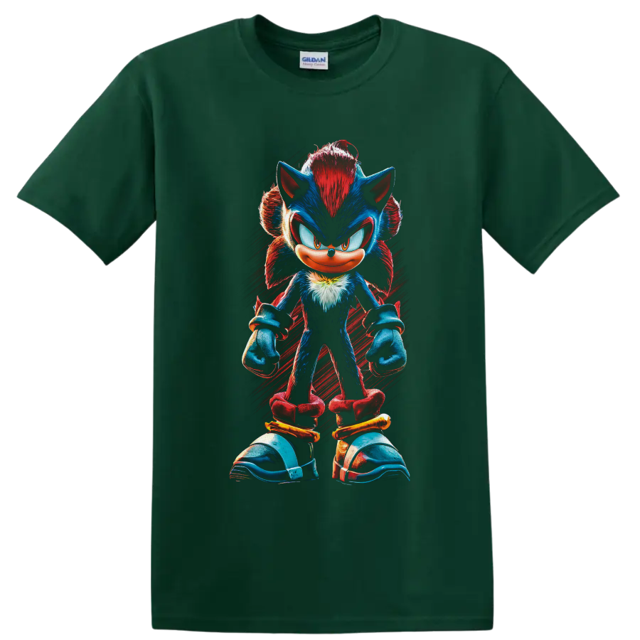 Shadow the Hedgehog full-body red and blue character art with red brushstroke background on a Forest Green T Shirt