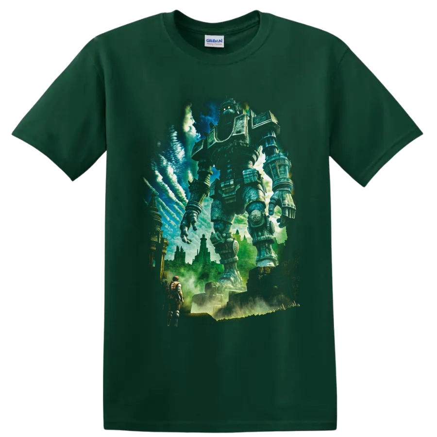 Towering Colossus guardian above a lone adventurer in painterly fantasy ruins on a Forest Green T Shirt