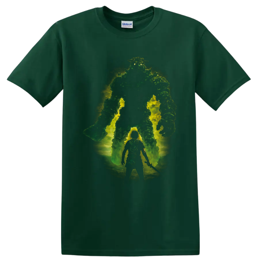Shadow of the Colossus warrior facing a glowing green Colossus in distressed fantasy art on a Forest Green T Shirt